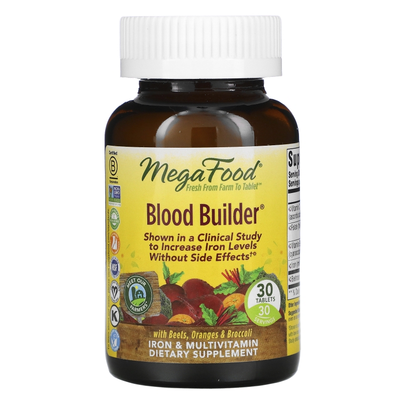 MegaFood, Blood Builder, Iron & Multivitamin Supplement, 30 Tablets