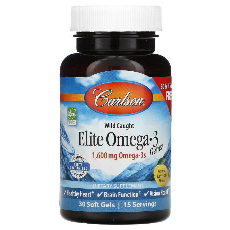 Carlson Labs, Поймано в диких условиях, Elite Omega-3 Gems, со вкусом лимона, 1600 мг, Natural Lemon Flavor, 1,600 mg, 90 + 30 (бесплатных) мягких таблеток