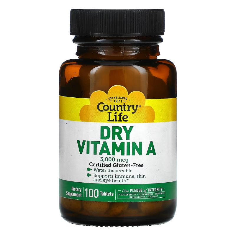 Country Life, Dry Vitamin A, 3,000 mcg, 100 Tablets