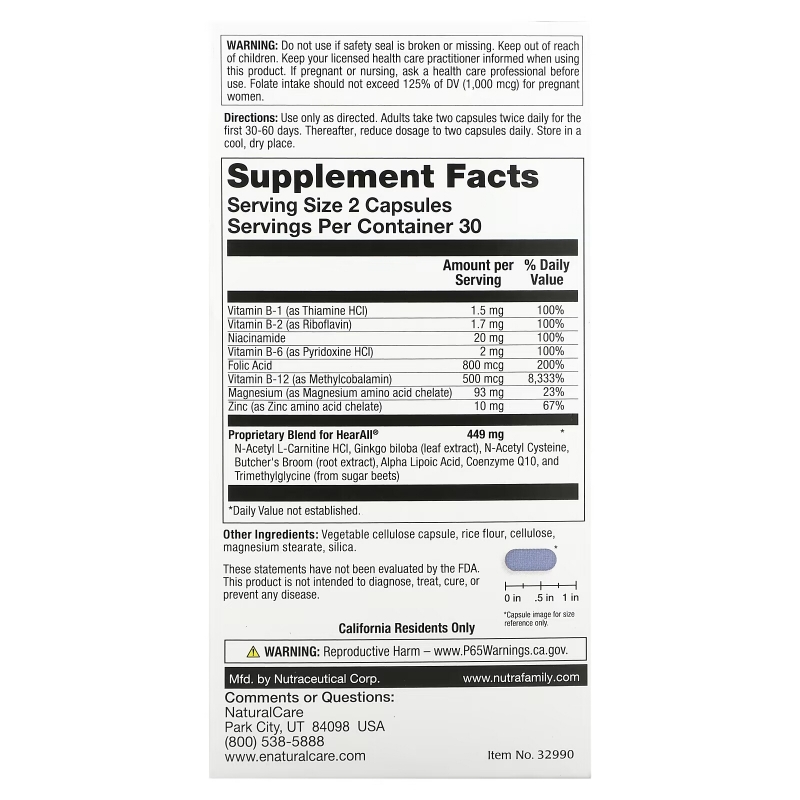 NaturalCare, HearAll, Healthy Hearing Support Formula, 60 Capsules