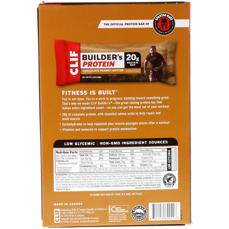 Clif Bar, Протеиновый батончик Builder, шоколадное арахисовое масло, 12 батончиков, 68 г (2,4 унции) каждый