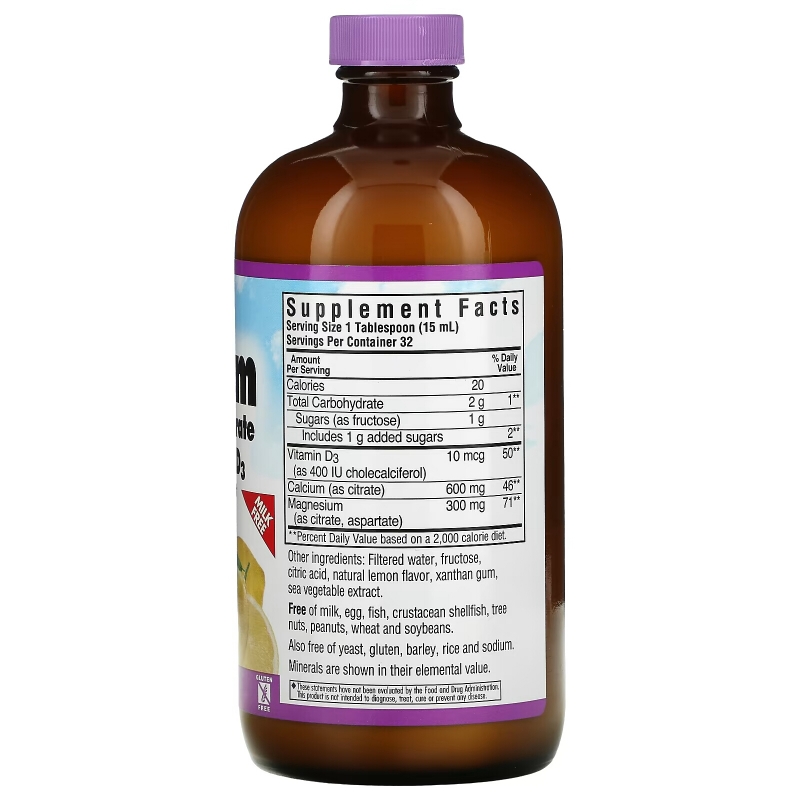 Bluebonnet Nutrition, Liquid Calcium, Magnesium Citrate Plus Vitamin D3, Natural Lemon, 16 fl oz (472 ml)