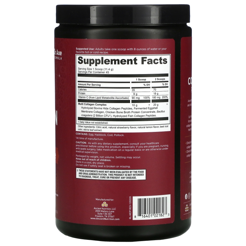 Dr. Axe / Ancient Nutrition, Multi Collagen Protein Powder, Strawberry Lemonade, 18.9 oz (535 g)