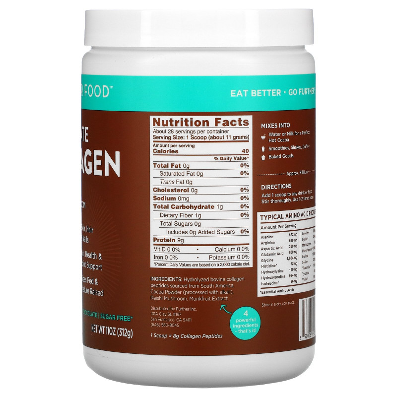 Further Food, Chocolate Collagen Peptides Plus Reishi Mushroom, Dark Chocolate, 11 oz (312 g)