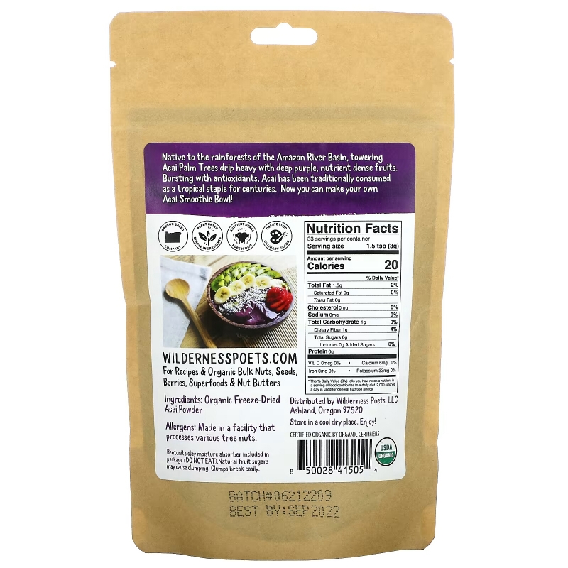 Wilderness Poets LLC, Organic Freeze Dried Acai Powder, 3.5 oz (99 g)