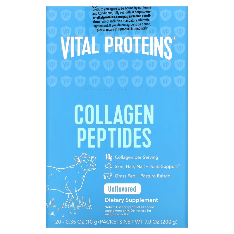 Vital Proteins, Grass Fed Pausture Raised, Collagen Peptides, Unflavored, 20 Individual Packets (10 g)