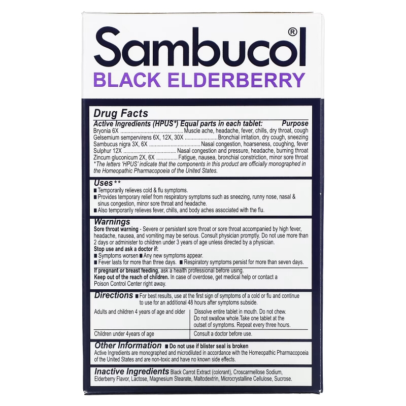 Sambucol, Black Elderberry, Cold & Flu Relief, Family Pack, 60 Quick Dissolve Tablets